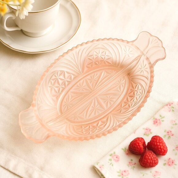 VTG Glass Divided Relish Dish Pink Satin Oval Frosted Starburst Serving Tray - Picture 2 of 13